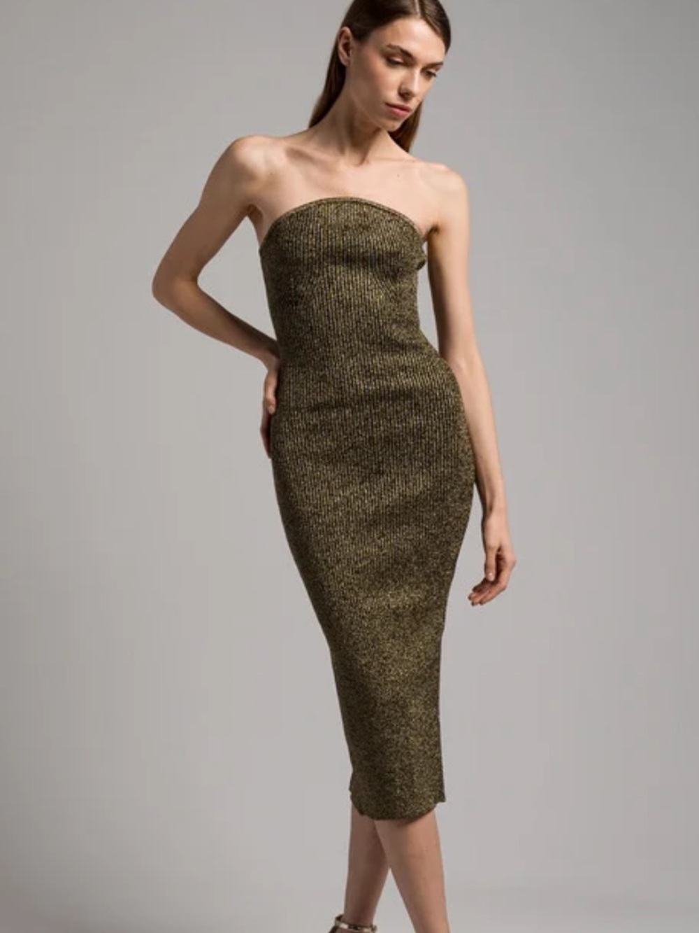 KHAITE The Rumer Strapless Metallic Gold Ribbed-Knit Midi Dress NWT MSRP $1300